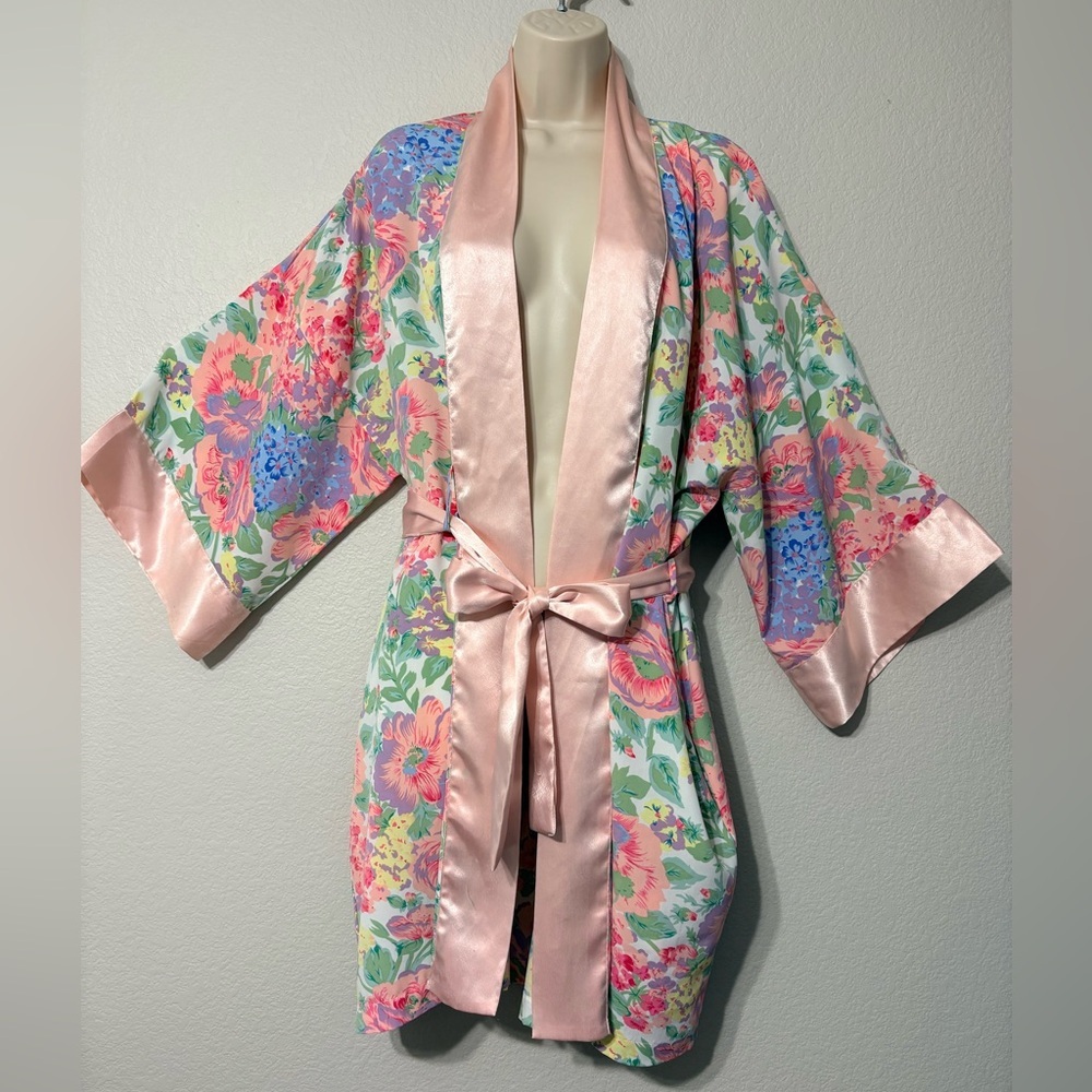 Vintage Victoria's Secret Gild Label Floral Satin Kimono Robe, Belt - Multicolor